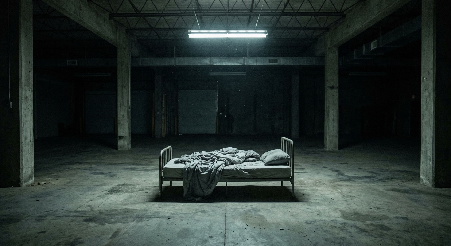 Metal frame bed in a dark warehouse — the state of inertia