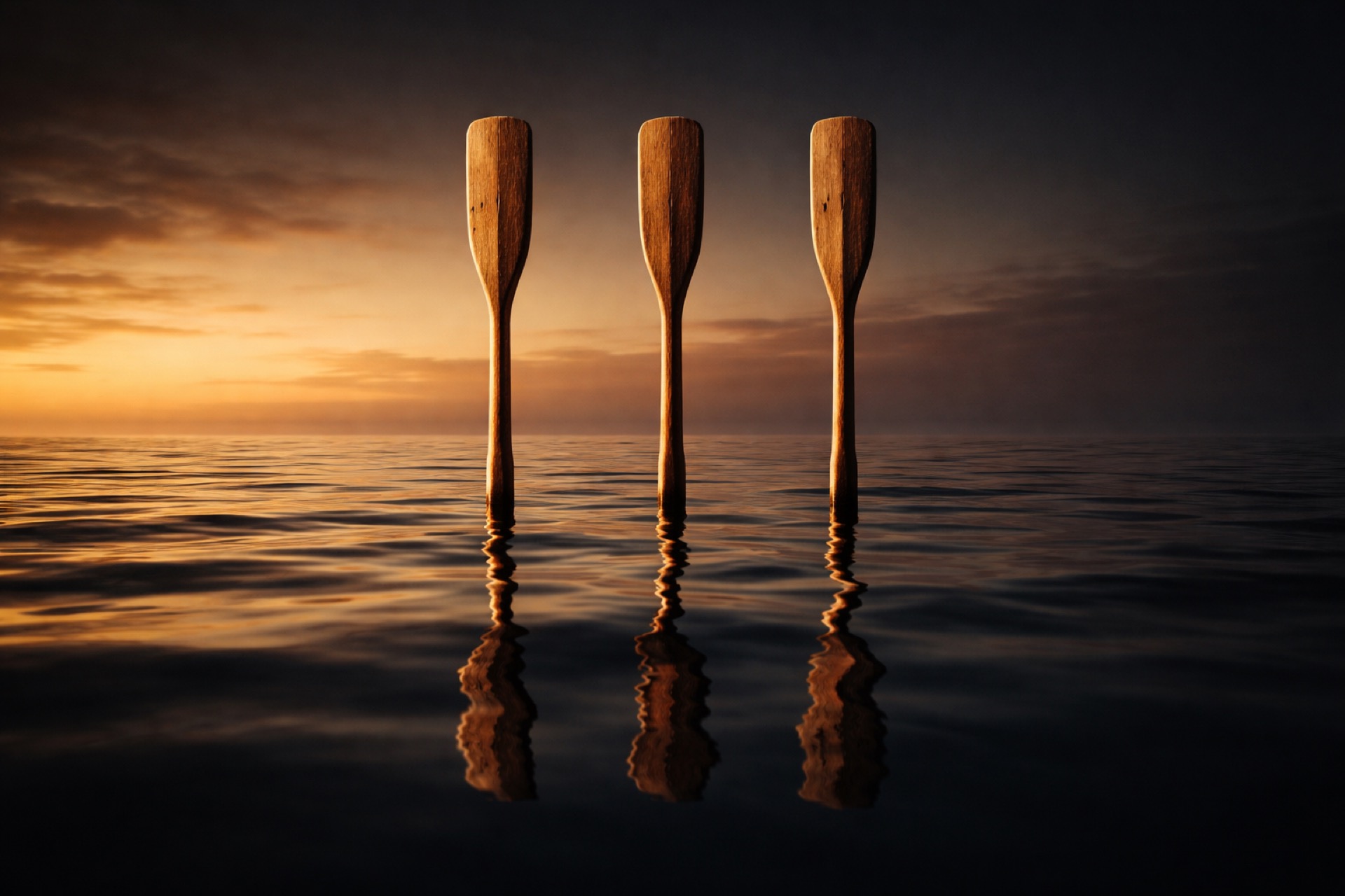 Three oars cutting through golden sunset water — steering through adversity