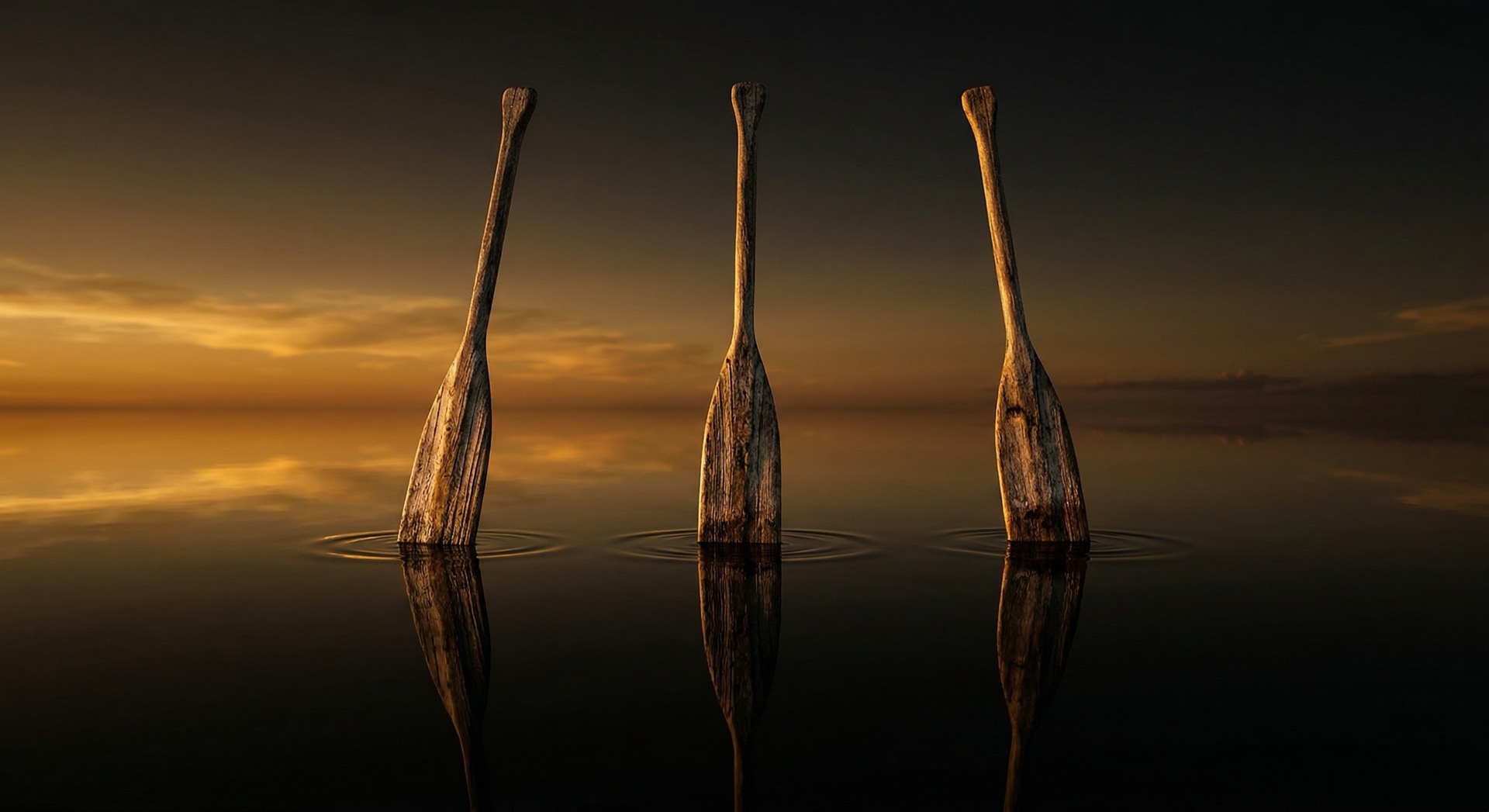 Three oars standing in golden water — the OAR metaphor: Ownership, Accountability, Responsibility