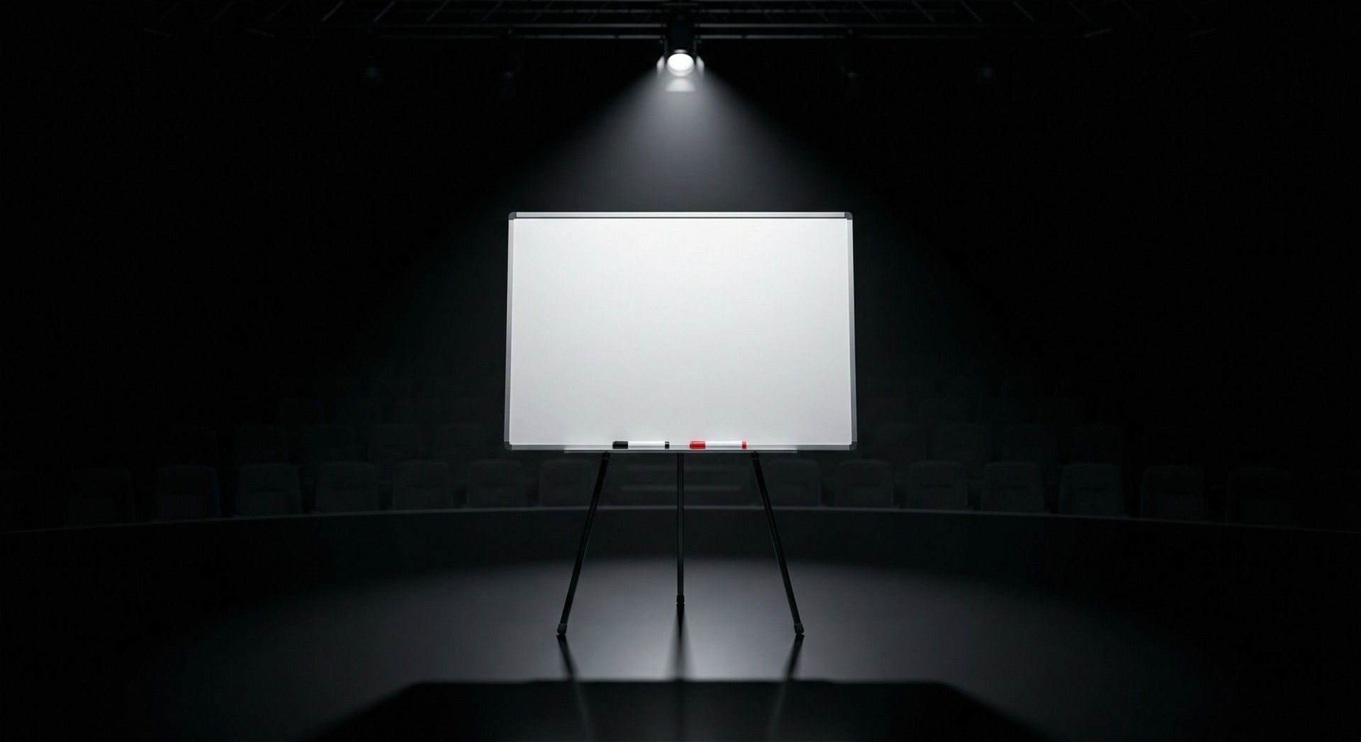 A whiteboard in a dark auditorium with empty chairs — where the framework is delivered